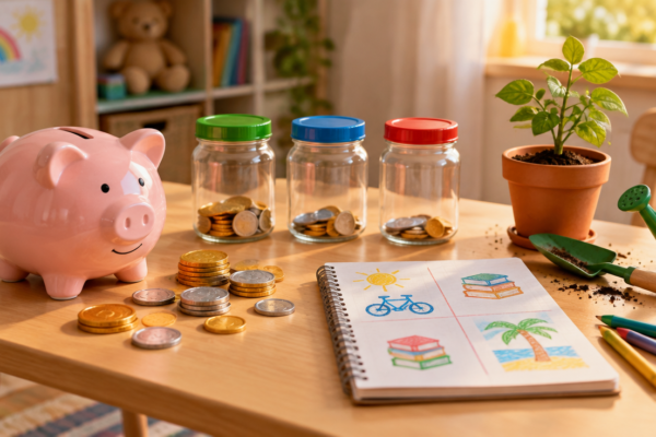 Pușculiță și monede de jucărie pe o masă mică de lemn, trei borcane colorate, un caiet cu desene și obiective de economisire într-o lumină caldă