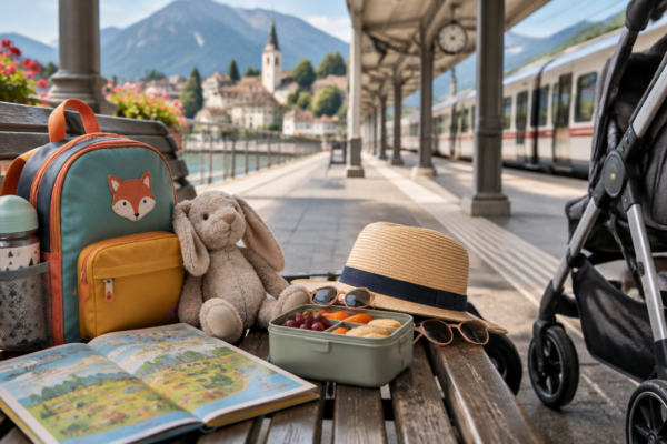 Rucsac colorat, jucărie de pluș, carte cu hărți pentru copii, cutie cu gustări, pălărie de soare și cărucior pe peronul unei gări europene