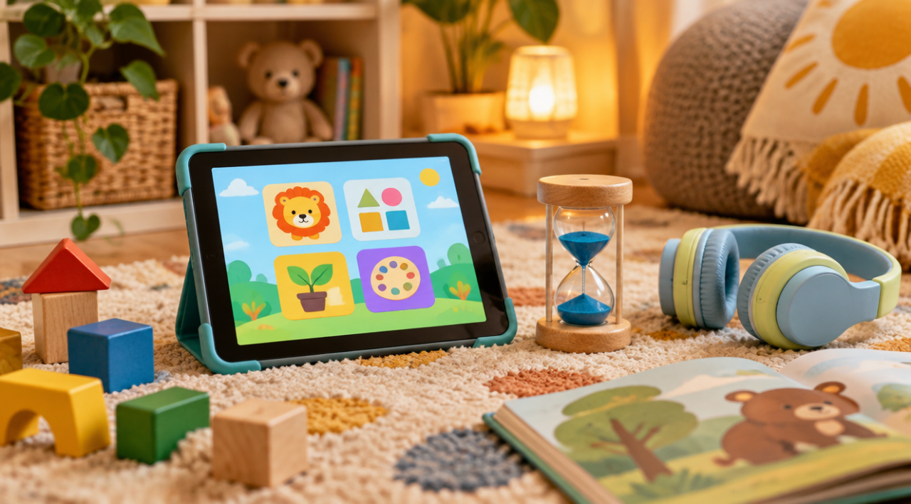 Tabletă cu o aplicație educativă colorată, un clepsidră pentru limita de timp, cuburi de lemn, căști pentru copii și o carte pe un covor, în lumină caldă