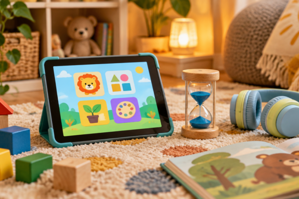 Tabletă cu o aplicație educativă colorată, un clepsidră pentru limita de timp, cuburi de lemn, căști pentru copii și o carte pe un covor, în lumină caldă