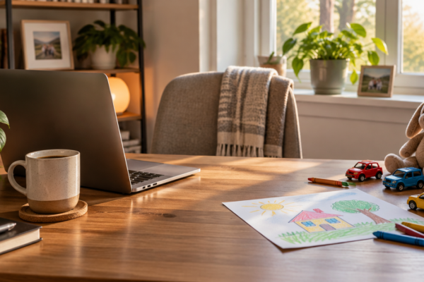 Birou de acasă cu un laptop și o cafea pe o parte și un desen de copil cu mașinuțe de jucărie pe cealaltă, lângă o fereastră cu lumină blândă
